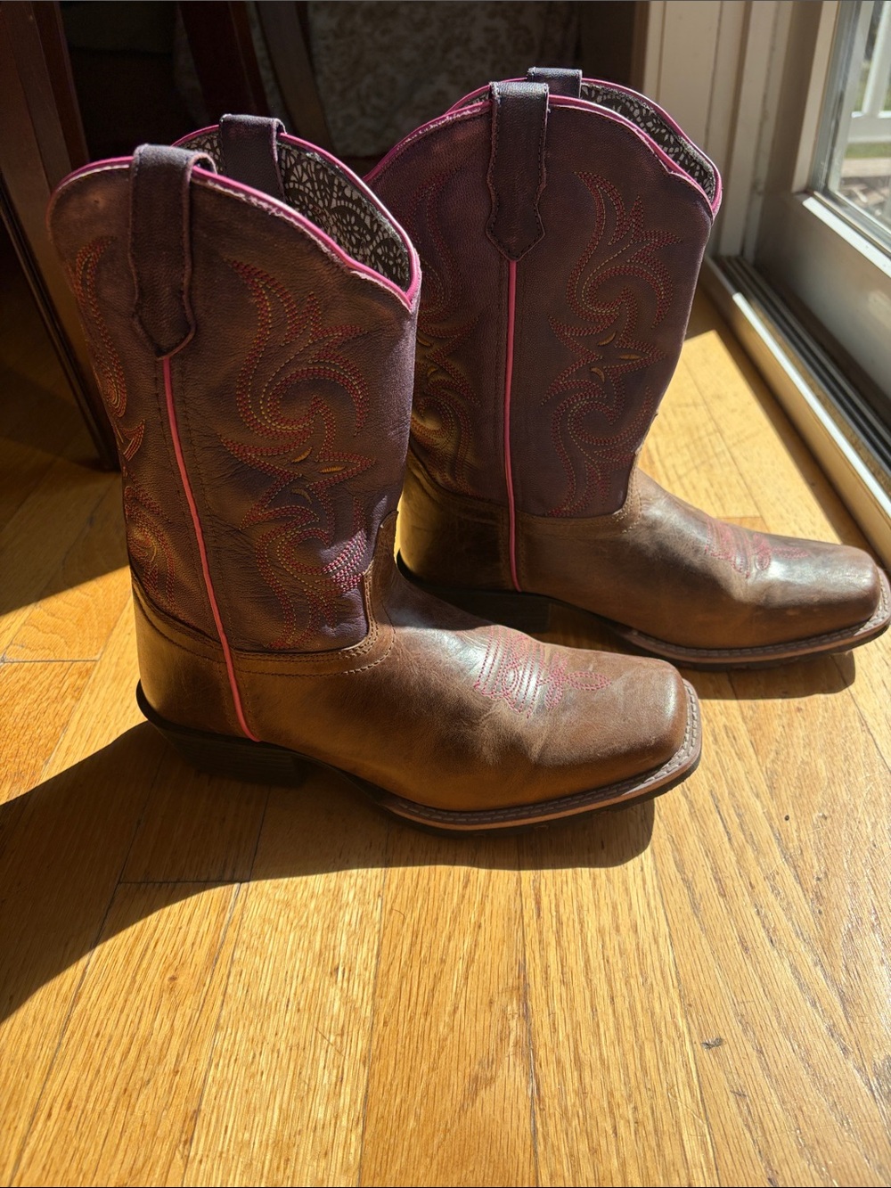 Dan Post Girls Brown Leather Western Boots with Pink Trim